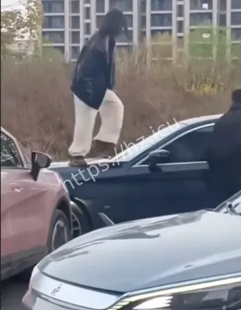 女司机爬车盖踩踏
